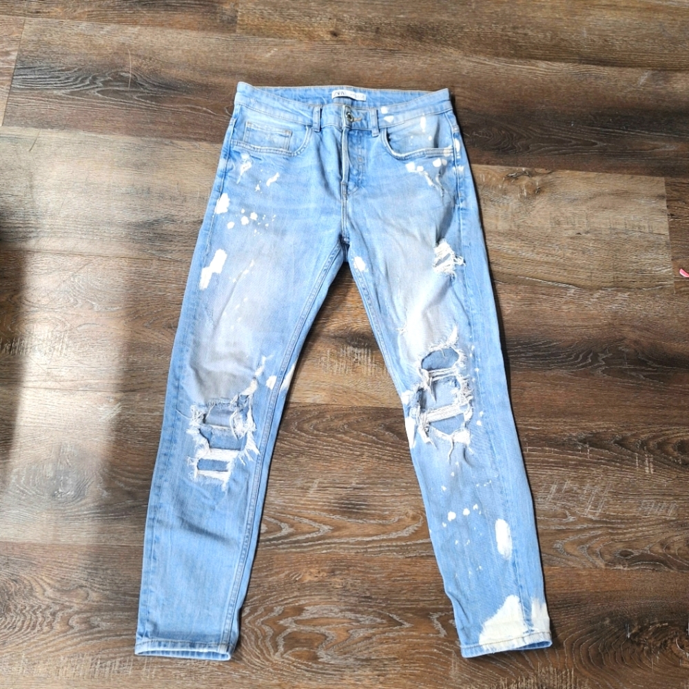 ZARA Bleach Splash Button Fly Destroyed Denim Jean, Size 30 Waistband